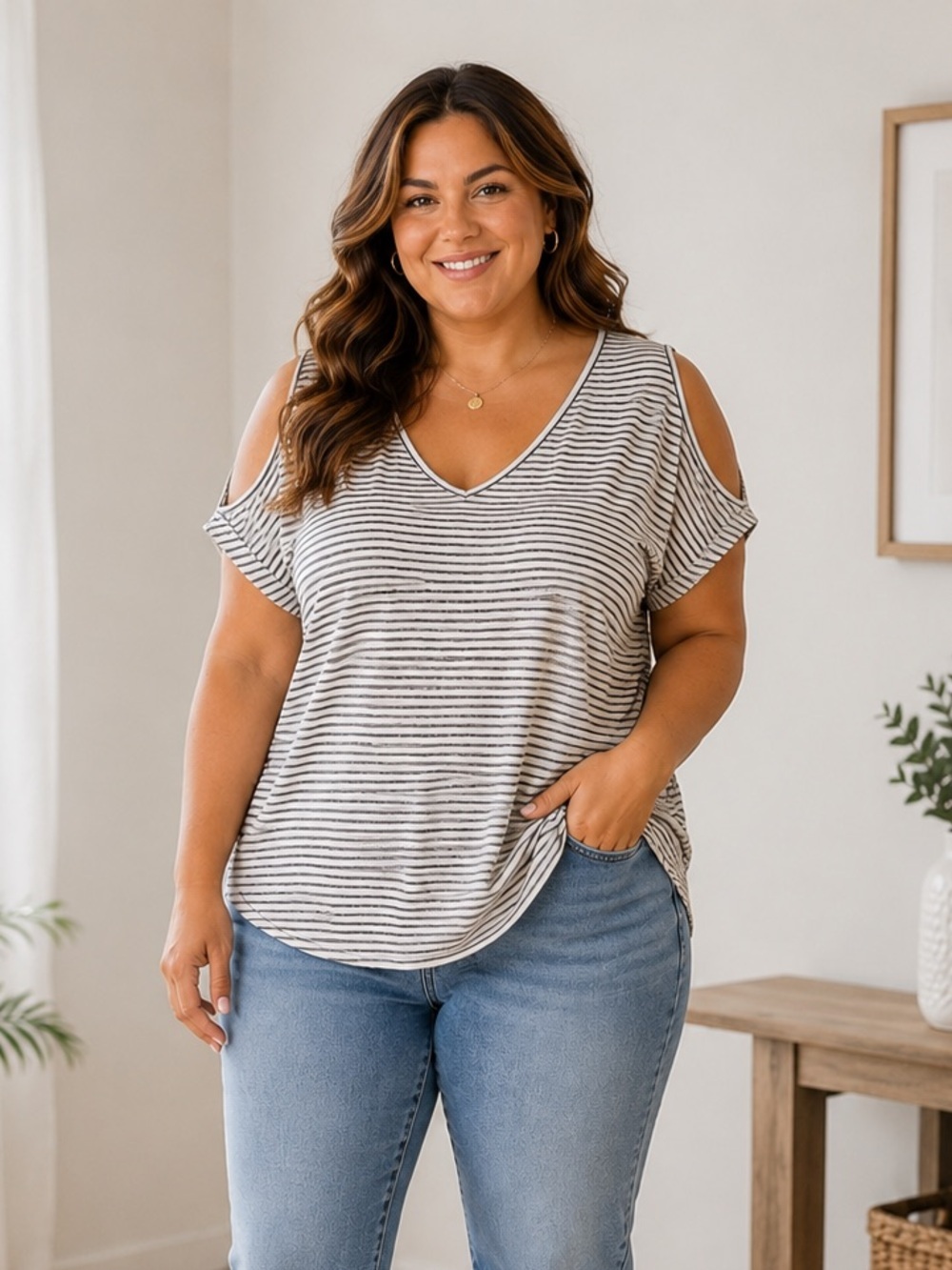 Womens Striped V Neck Tee Large Casual Relaxed Short Sleeve Everyday Top